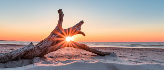 Wall Mural - A large tree branch is on the beach, with the sun shining through it