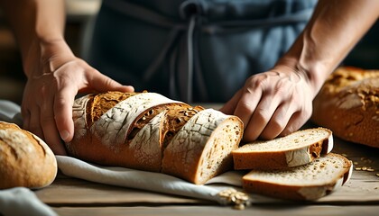 Wall Mural - Hand choosing nutritious whole-grain bread over processed white bread, highlighting the importance of whole foods for enhanced health and well-being