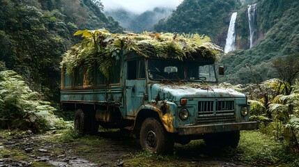 Wall Mural - Old Truck Abandoned in the Middle of the Forest Covered with Vegetation, Photo Realistic, Standard Background, Wallpaper, Cover and Screen for Smartphone, PC, Laptop, 9:16 and 16:9 Format