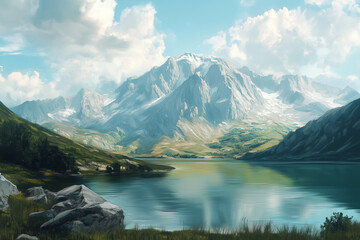 Mountain scenery, spring time, illustration