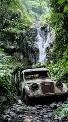 Wall Mural - Old Truck Abandoned in the Middle of the Forest Covered with Vegetation, Photo Realistic, Standard Background, Wallpaper, Cover and Screen for Smartphone, PC, Laptop, 9:16 and 16:9 Format