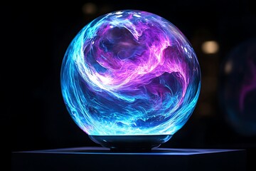 Wall Mural - Abstract swirling blue and purple plasma in a glass sphere on a black background