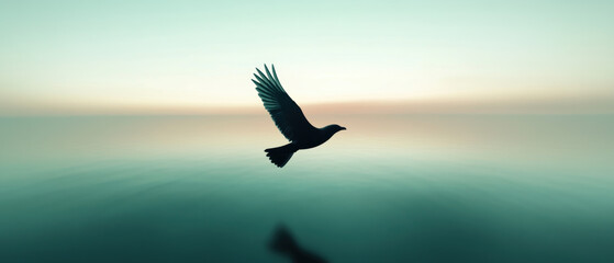 Wall Mural - A bird is flying over a calm body of water