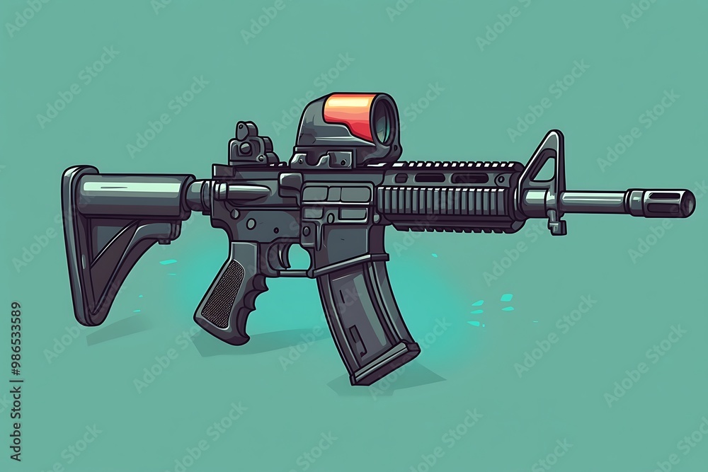 Cartoon illustration of a black semi automatic rifle with red dot sight ...