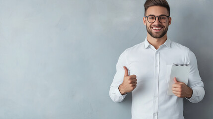 Wall Mural - A smiling entrepreneur in casual business attire, holding a notepad and giving a thumbs up, standing against a clean backdrop, symbolizing success in business.