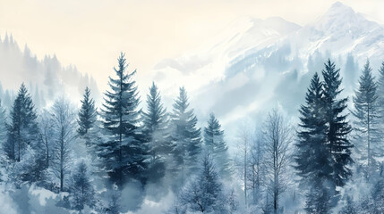 Alpine trees in the forest watercolor style illustration with winter color