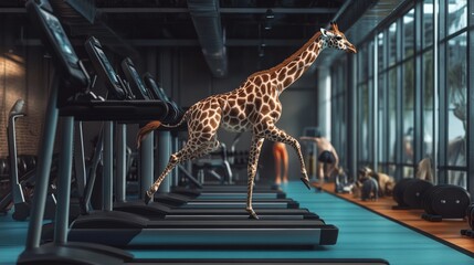 Wall Mural - A giraffe joyfully trots on a treadmill inside a stylish gym, blending the natural agility of this majestic animal with an unconventional exercise setting