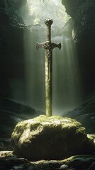 Wall Mural - Old Sword Abandoned in the Middle of the Forest Covered with Vegetation, Photo Realistic, Standard Background, Wallpaper, Cover and Screen for Smartphone, PC, Laptop, 9:16 and 16:9 Format