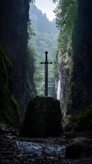 Wall Mural - Old Sword Abandoned in the Middle of the Forest Covered with Vegetation, Photo Realistic, Standard Background, Wallpaper, Cover and Screen for Smartphone, PC, Laptop, 9:16 and 16:9 Format