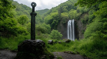 Wall Mural - Old Sword Abandoned in the Middle of the Forest Covered with Vegetation, Photo Realistic, Standard Background, Wallpaper, Cover and Screen for Smartphone, PC, Laptop, 9:16 and 16:9 Format