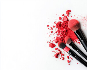 Vibrant makeup brushes with red powder scattered on a clean background, perfect for beauty and cosmetic themes.