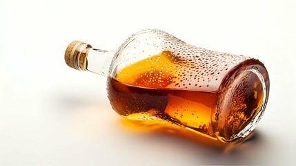 Wet Glass Bottle of Amber Liquid with Cork Stopper.