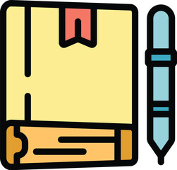 Poster - Yellow notebook with a bookmark is laying closed with a pen beside it
