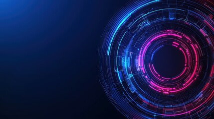 Poster - Abstract futuristic design with vibrant circular patterns in pink and blue on a dark background.
