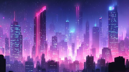 Poster - A Futuristic Cityscape with Neon Lights and a Starry Sky