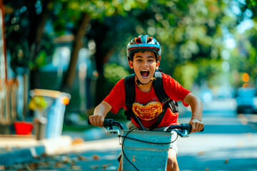 A boy enthusiastically delivering pizzas on a bicycle for his summer job, his face flushed with excitement as he navigates the streets with speed and precision.