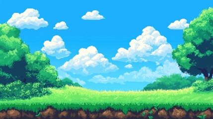 A vibrant pixel art landscape featuring lush green grass, trees, and a bright blue sky filled with fluffy clouds, evoking a classic video game scene.