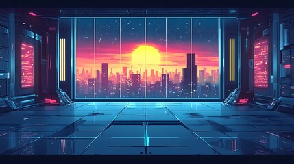 Poster - Futuristic Interior with Cityscape View and Sunset