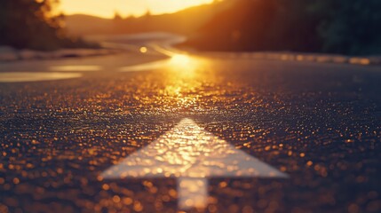 A close-up of a road arrow symbol illuminated by warm sunset light.