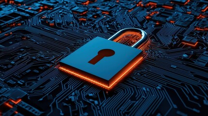 Poster - Digital padlock over a circuit board, symbolizing cybersecurity and data protection.