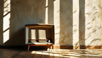 Wall Mural - Nostalgic vintage radio casting shadows on a sunlit wall and wooden floor, embodying timeless simplicity and warm memories