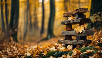 Wall Mural - Playful wooden blocks nestled in a forest of golden autumn leaves, blending rustic charm with the beauty of nature.