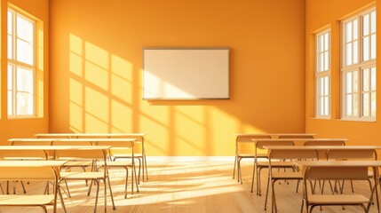 Wall Mural - Empty classroom with orange walls, large windows, and wooden desks, creating a bright learning environment.