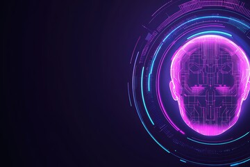 Poster - Futuristic digital head with glowing neon elements on dark background