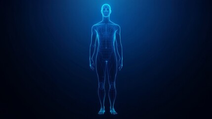 a futuristic blue hologram of a human figure against a dark background, emphasizing technology and b