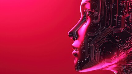 Poster - Futuristic female profile with digital circuitry design on a vibrant pink background.