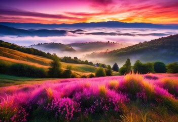 Wall Mural - vibrant sunrise over rolling hills lush greenery colorful sky, scenery, landscape, nature, clouds, light, beautiful, morning, view, earth, scenic, bright