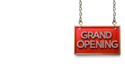 Grand opening words sign written on red rectangular banner. Conceptual grand opening symbol. isolated on white background with copy space.