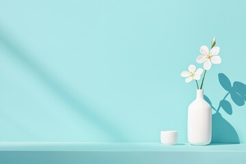 Poster - Minimalist vase with flowers on a shelf against a pastel blue background.