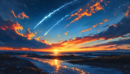 Canvas Print - Celestial spectacle of brilliant meteors streaking through a twilight sky, illuminating horizons with luminescent trails