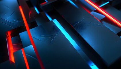 Wall Mural - Sleek Abstract Black Metal Backdrop Featuring Dynamic Blue and Red Light Lines with Intricate 3D Geometric Texture