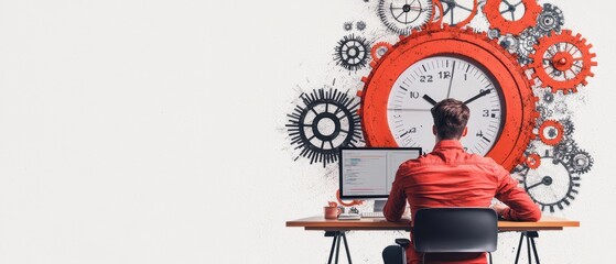 Poster - Person using a computer with a clock and gears illustration on the wall, modern workspace.