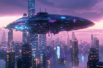 Sticker - Futuristic Spaceship Hovering over Neon Cityscape