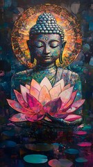 Meditating Buddha Holding A Lotus Flower, Painting, Art, Abstract Image, Texture, Pattern Background, Wallpaper, Cover and Screen of Smartphone, PC, Laptop, 9:16 and 16:9 Format