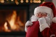 © JK_kyoto - Santa Claus joyfully holds a festive stocking by a warm fireplace during Christmas celebrations.