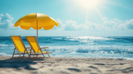 Two bright yellow beach chairs and a matching umbrella on a sandy shore, overlooking the calm blue ocean on a sunny day.