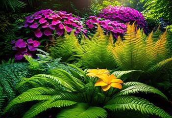 vibrant garden paths surrounded lush foliage featuring varied textures lively plant life, bloom, blossom, flower, petal, greenery, vegetation, flora