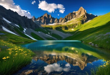 Wall Mural - majestic mountain peaks surrounded tranquil valleys scenic landscape, nature, scenery, altitude, elevation, horizon, sky, clouds, greenery, forest, rock