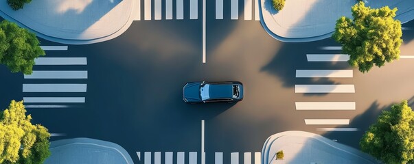 Aerial view of a busy intersection with a black car and crosswalks, surrounded by trees in a modern urban setting.