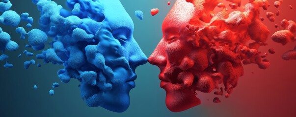 Artistic representation of two abstract faces merging in blue and red colors, symbolizing emotion and connection.