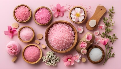 Wall Mural - Serene arrangement of pink bath salts, delicate flowers, and wooden spa accessories on a gentle pink backdrop