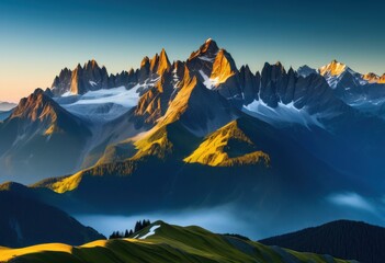 Wall Mural - stunning mountain peaks illuminated soft morning light clear sky, adventure, backdrop, beauty, breathtaking, calm, captivating, clouds, dawn, dramatic