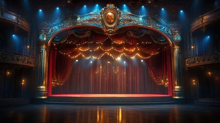 Brightly lit circus stage with red velvet curtains scene inside the circus arena stage vintage design