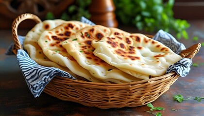 Wall Mural - Traditional Indian Naan Served in a Basket on a Rustic Table