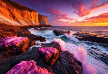 Wall Mural - stunning coastal cliffs bathed golden light sunset vibrant sky ocean waves crashing rocky shores, beach, horizon, landscape, marine, scenery, evening