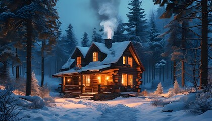 Wall Mural - Warmly lit log cabin in a snowy forest with gentle smoke rising from the chimney, creating a serene winter evening atmosphere